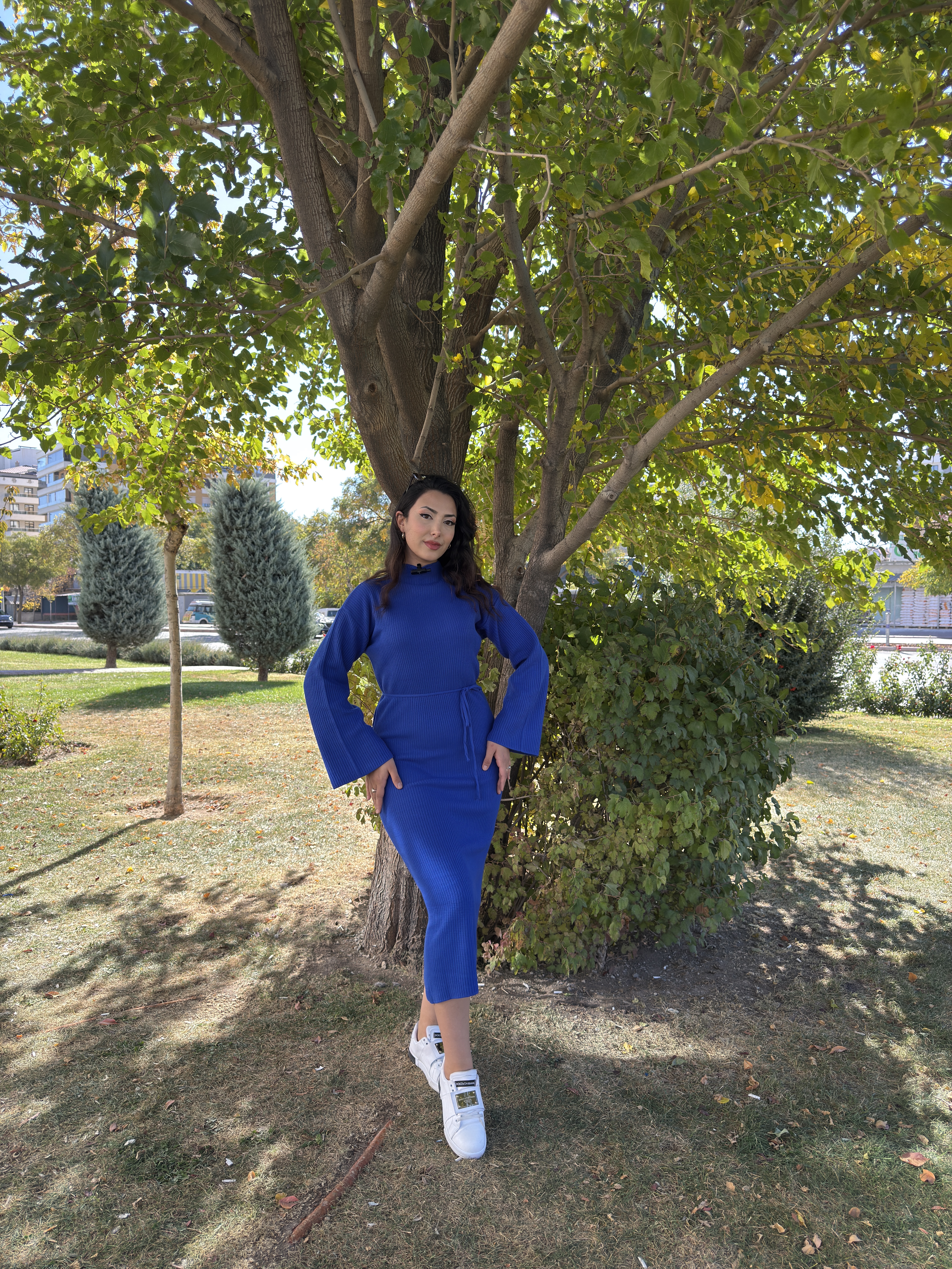 NAGE FİTİLLİ TRİKO ELBİSE SAKS